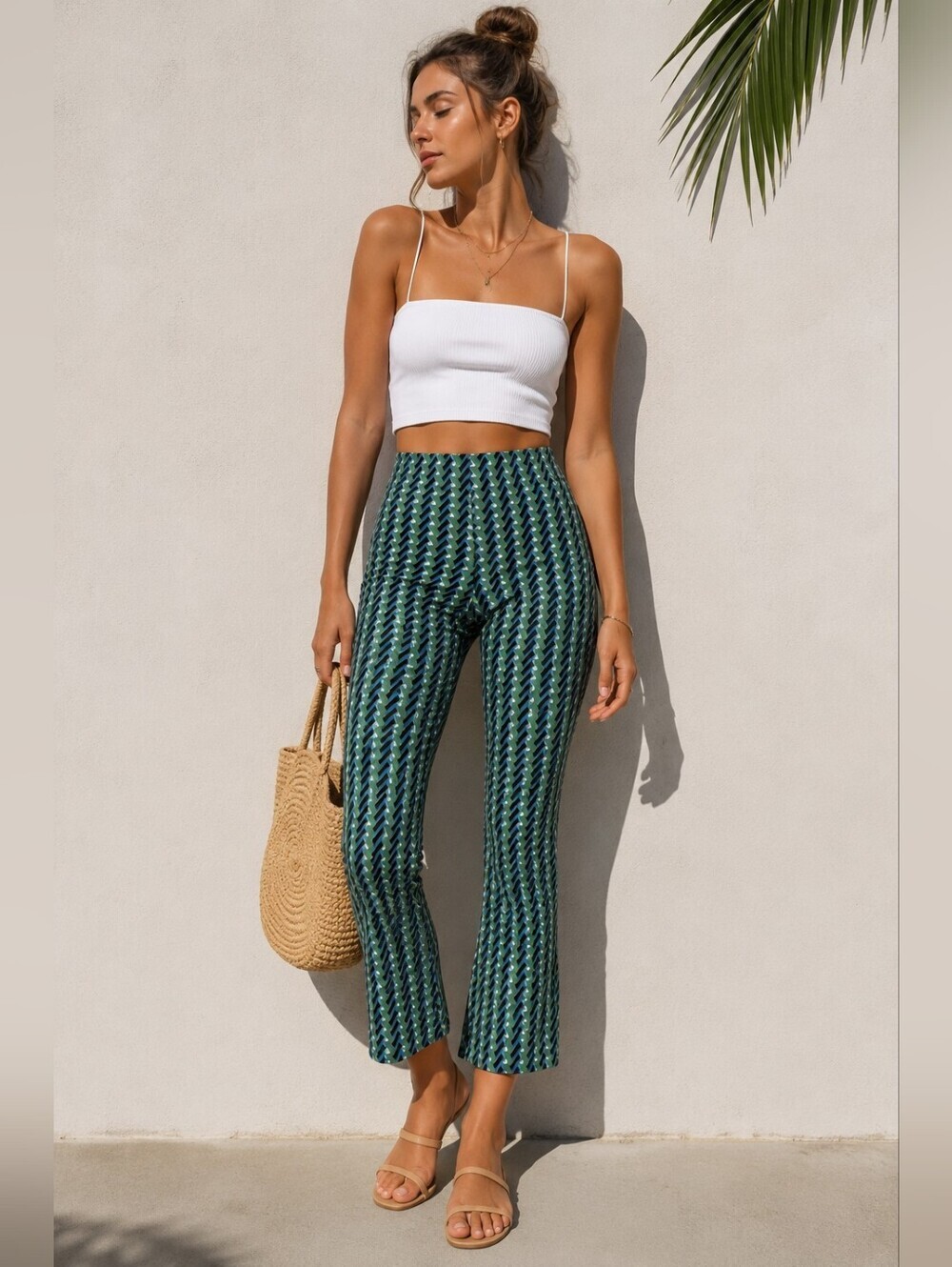 Zara Geo Print Mini Flare Crop Pants Stretch Pull On S